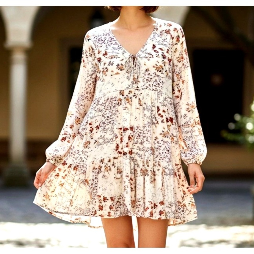 American Eagle Size XS Beige/Floral Lined Babydoll Mini Dress Long Sleeve
